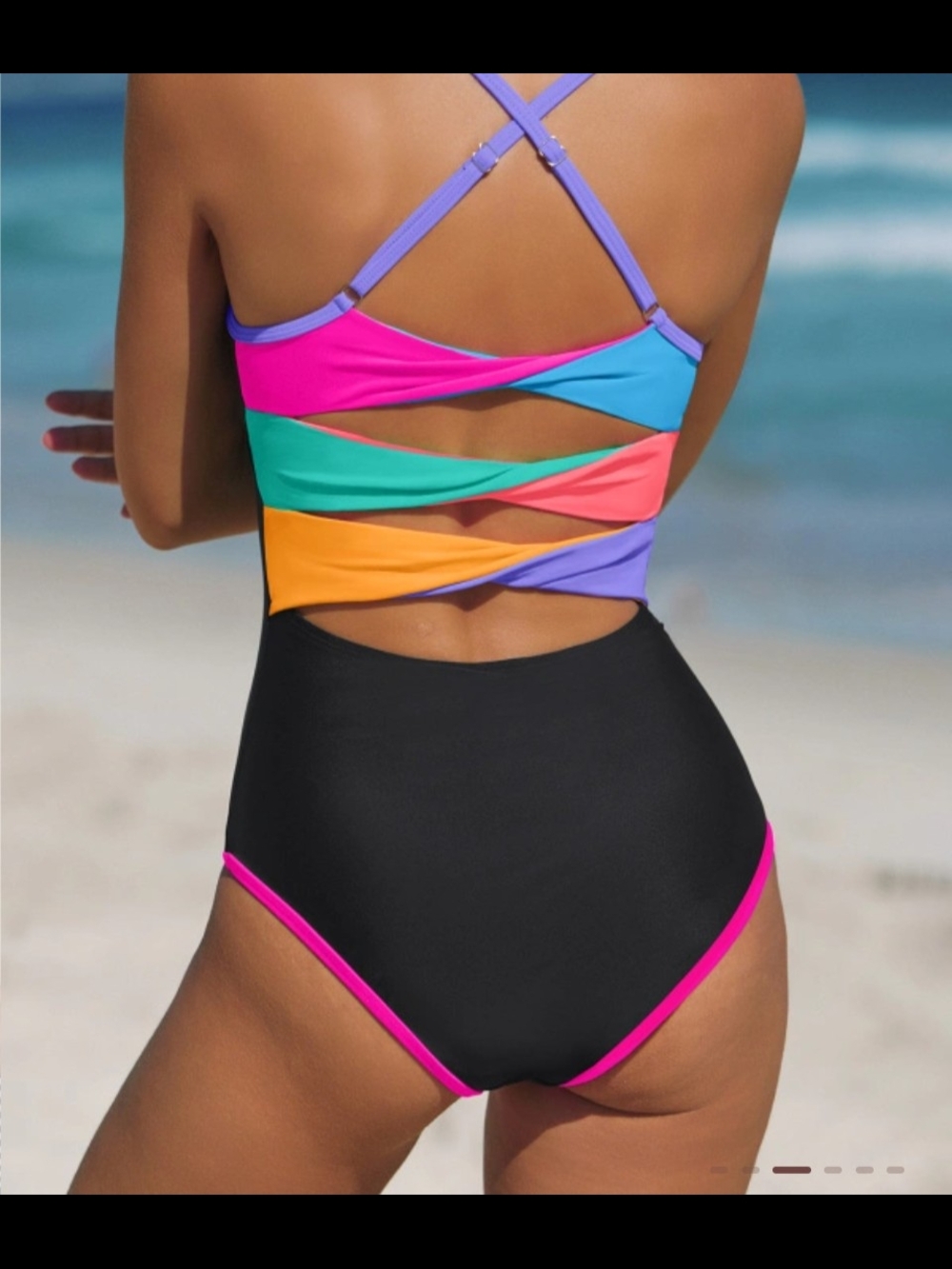 Limited Access -Multicolor Cutout One-Piece Swimsuit - Black with Bright Stripes - Picture 3 of 5
